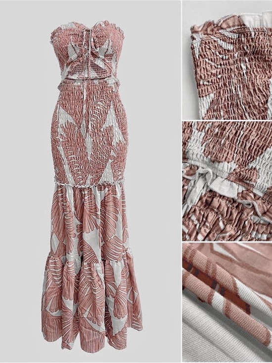 chicme Dresses & Skirts - Medium leaf Printed Ruched Shirred Bandeau Dress Slim Ruffle Hem